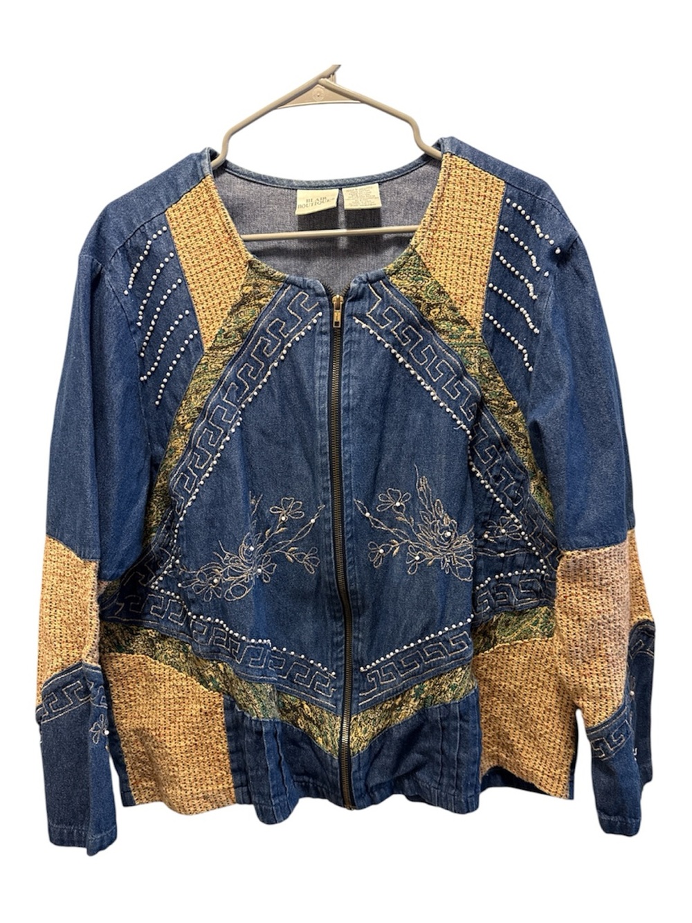 Womens Blue Denim Mixed Media Patchwork Embroidered Tweed Zip-Front Jacket